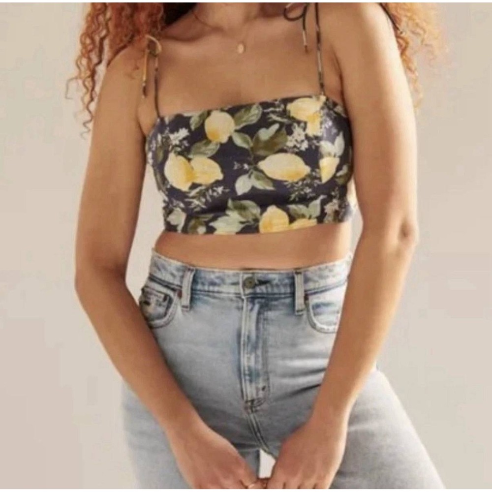 Abercrombie & Fitch Lemons Crop Top Size Small Womens Lemon Print Smocked Blue